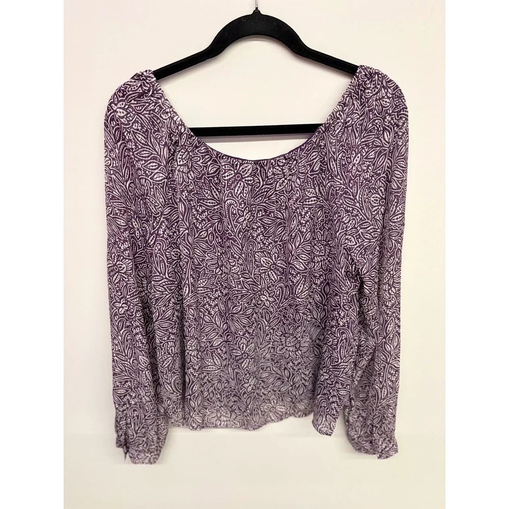 LOFT Cottagecore Paisley Blouse Women L Purple Floral V-Neck Puff Sleeve Boho